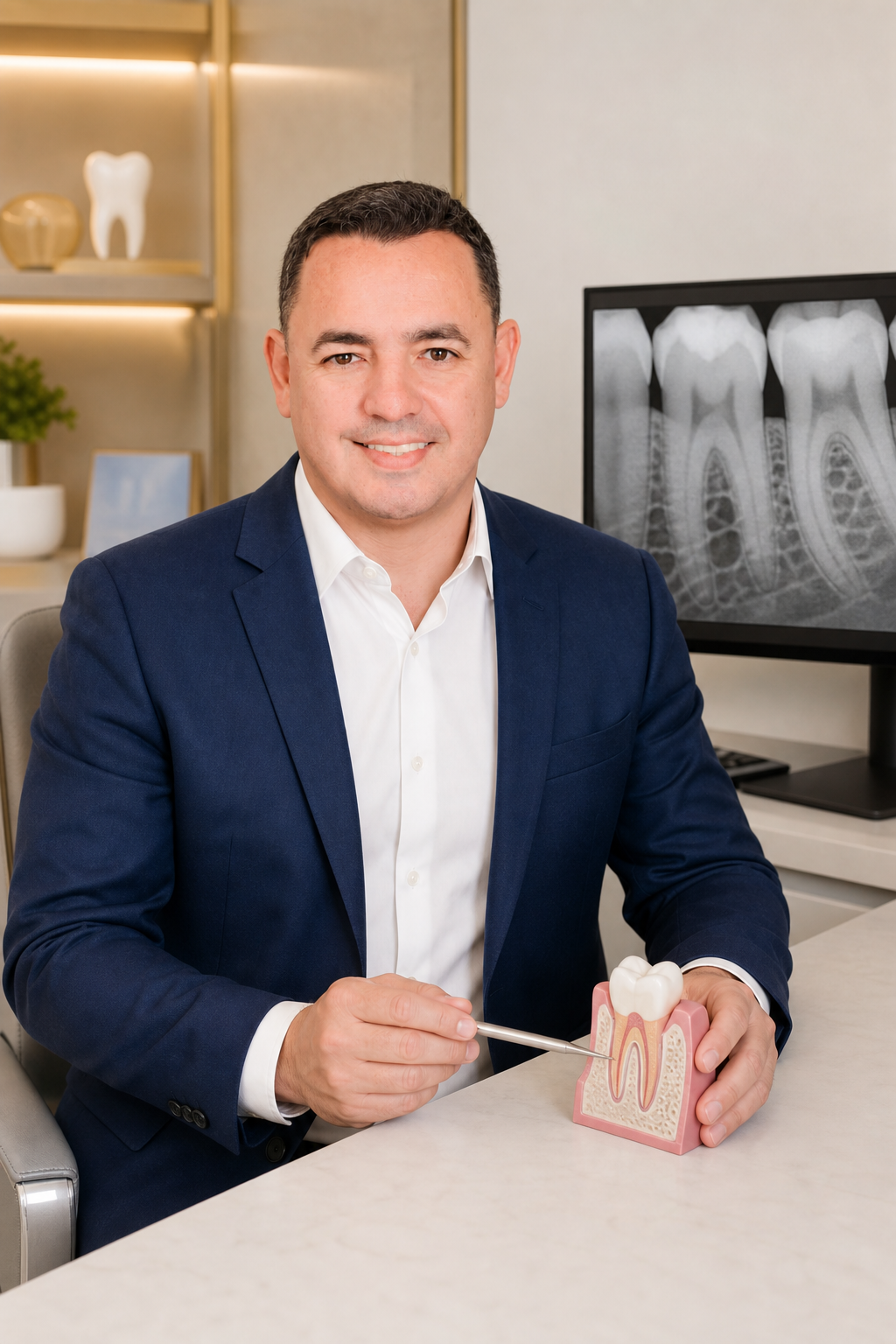 Dr. André Paiva apresentando um modelo periodontal ao lado de imagem radiográfica